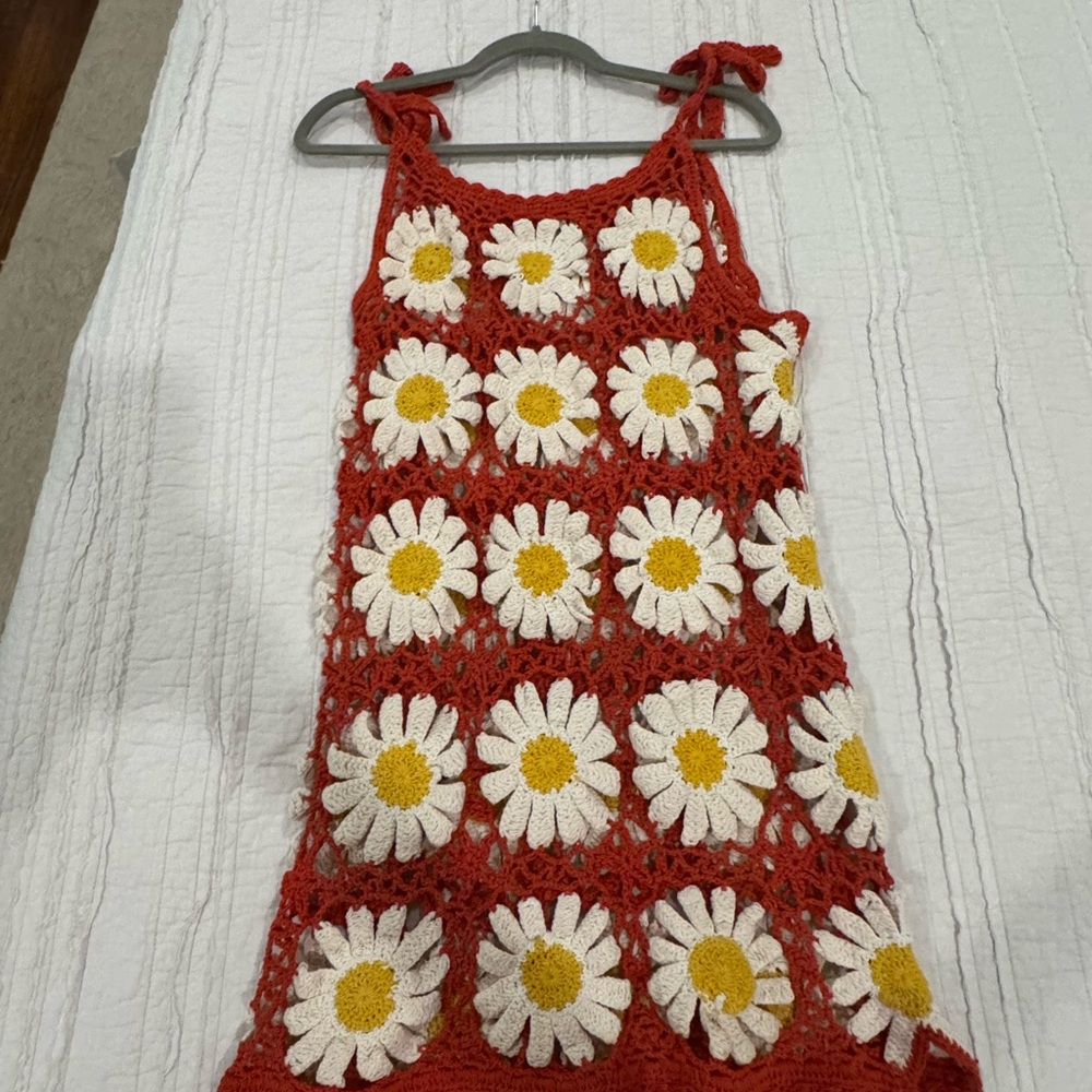 Anthropologie Red Crochet Daisy Mini Dress - Picture 2 of 3